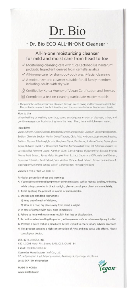 Dr.Bio Eco All-In-One Cleanser – Low pH Face, Body & Hair Wash (250g)