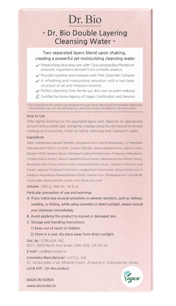 Dr.Bio Double Layering Cleansing Water – Bi-Phase Makeup Remover (480g)